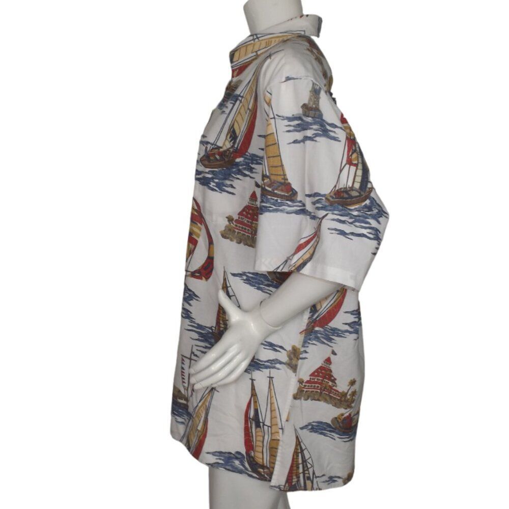 REYN SPOONER Hawaiian Shirt, XXL, White/Multicolor Sailboats, Cotton, Short slv - Picture 7 of 10